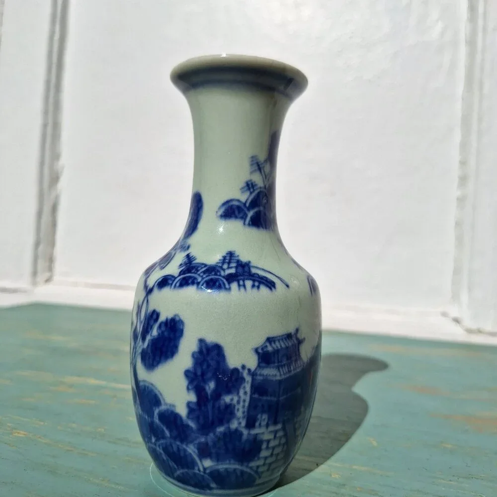 Vintage Porcelain Bud Vase Hand Painted Ancient Chinese Makers Mark Blue Decor - Picture 10 of 14